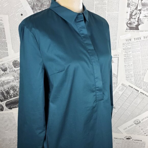 Miracle Berry Teal Cotton Long Sleeve Collared Button Placket Midi Shirt Dress L - Picture 3 of 13